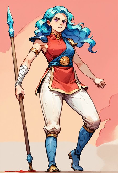 Score_9, score_8_up, score_7_up, score_6_up,score_5_up, anime color, watercolor, ink lines, anime style, source_cartoon, valere, aqua hair, (wavy hair), long hair, curvy hips, purple eyes, single shoulder pad, blue cape, blue sash, red shirt, armlet, sleeveless, bandaged arm, white pants, blue boots, (((close up))), face focus, view from below, huge weapon, (((holding weapon))), double-bladed spear, 1girl, solo, action pose, jumping pose, spear stance,, looking at viewer, (best quality,masterpiece), ultra high res,ultra-detailed, :: painted background, sunset,
