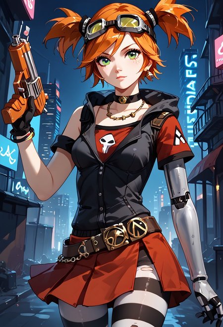 score_9, score_8_up, score_7_up, solo, gaigebl2, orange hair, goggles on head, twintails, short twintails, single mechanical arm, freckles, medium breasts, green eyes,
futuristic city background, neon lights, nighttime,
<lora:gaigebl2-guy-v1PONYXL:1>,
choker, gloves, belt, skirt, red skirt, striped pantyhose, black and white pantyhose, hood, necklace, torn clothes, gun, gun held up at the ready,