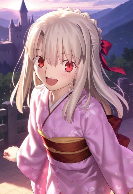 masterpiece, best quality, amazing quality, very aesthetic, absurdres, 1girl, 
Takeuchi takashi, illyasviel von einzbern, fate stay/night, red eyes, cowboy shot, happy, blush, child, castle, looking at viewer, kimono