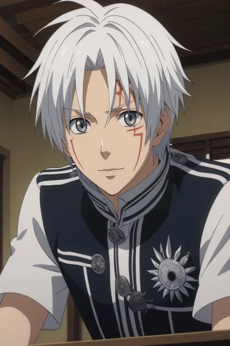 score_9, score_8_up, score_7_up, , rating_safe, , anime screencap, anime coloring, , , , 1boy, solo, male focus, <lora:allen_walker_pony:0.9>, allen_walker, white hair, grey eyes, short hair, , facial mark, from below, armory, indoors, leaning forward, seductive smile, , <lora:sdxl_lightning_8step_lora:1>