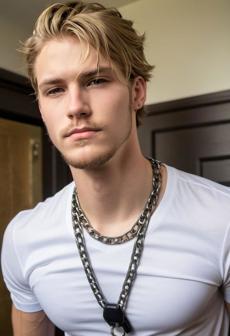 kyle ross, male focus, a handsome 19yo blonde twink, close up of face, close up of upper body, dynamic posture, dramatic angle, camera angle from below, shirtless, beard, trimmed beard, scruffy beard, hands on hip, black dog collar, black neck collar, long chain necklace, kinky,
skinny muscled, slender muscled, skinny, slender features, narrow shoulders, detailed armband tattoo, cute face, boyish face, perfect biceps, bicep veins, bulging veins, defined veins, great pecs, thin waist, angular face, strong and powerful, sporty, predatory look, feathered hair, long hair, shoulder length hair, great detail, satisfaction, blue eyes, bubble butt, small ass, small butt, tight shorts, 
(Masterpiece, high quality:1.3), masterpiece, depth of field, bokeh, detailed, homoerotic, (homoerotic), highly detailed, sharp focus, intricate, smooth, elegant, fantasy, cinematic lighting, cinematic, masterpiece, matte, photorealistic, 4k, beautiful, volumetric lighting, dramatic, photo-realistic, life-like, high detail, lighting, 8Knematic lighting, 8K, contrast lighting, contrasting lighting, cinematic lighting,