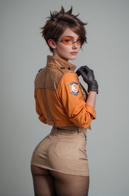 masterpiece, best quality, realistic, realism, analogue photo, score_9, score_8_up, score_7_up,  <lora:tracer2:0.7> TracerOv2,1girl,short hair,brown hair,gloves,brown eyes,freckles,swept bangs,piercing,spiked hair, pantyhose, short skirt, open jacket,   (orange goggles:1.2),  ear piercing, thick thighs, big_round_ass, looking back at viewer, <lora:d3t41l3dXLP:0.8> <lora:OverallDetailXL:1> OverallDetailXL