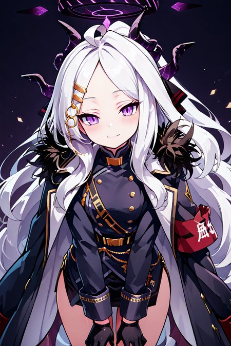 masterpiece, best quality, 1girl, solo, 21 year old model, eyelashes, (beautiful eyes),     ,,, zzHina, purple eyes, long hair, hair ornament, white hair, horns, hina (blue archive), ahoge, halo, multiple horns, parted bangs, skirt, long sleeves, hairclip, black skirt, coat, coat on shoulders, fur trim, black gloves, <lora:HinaBlueArchiveIXL:1.0>, ,,, smile, looking at viewer, leaning forward, head tilt, blush,,, <lora:CatalystIXL:0.7>, <lora:ZankuroIXLLight_v2:0.6>, <lora:princess_xl_v2:0.3>,
