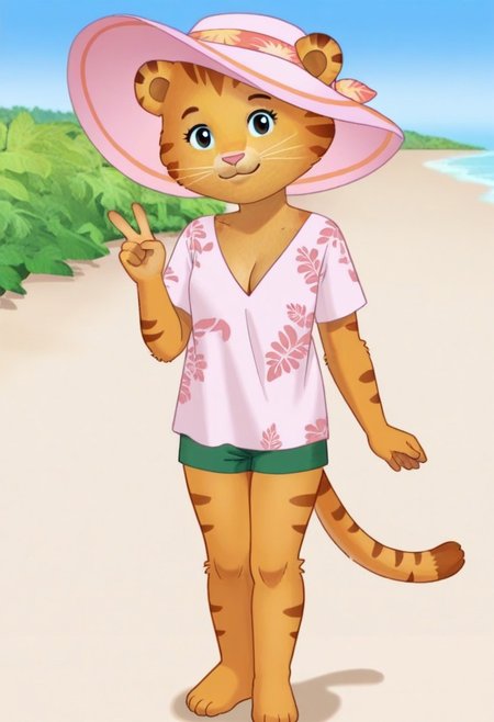1girl, solo, Collette, anthro, tiger, soft orange fur, darker tiger stripes on her head, arms, and tail, light pink V-neck shirt, green shorts, barefoot, breasts,  cleavage, pink sunhat, legs together, standing, looking at viewer, smiling, closed mouth, outdoors, beach