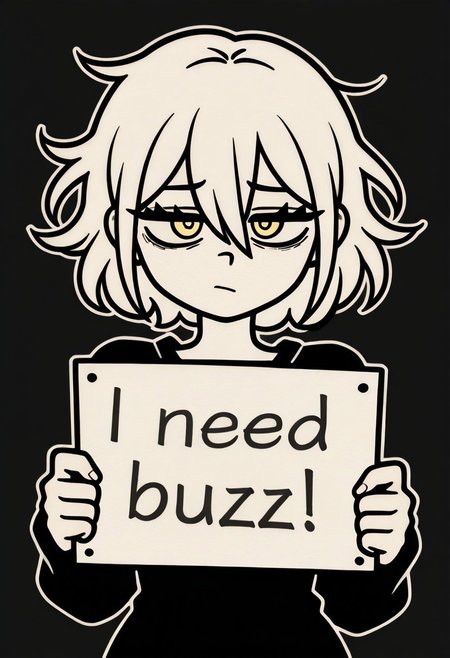 masterpiece, best quality, amazing quality, very aesthetic, absurdres, newest, 1girl, solo, looking at viewer, short hair, messy hair, bangs, simple background, yellow eyes, hair between eyes, monochrome, shadow, black background, portrait, cofanl style, outline, white outline, need_buzz, holding sign