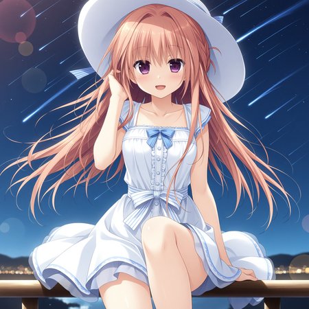 <lora:Hatsuhime_Iroha_1_nai-000043:1>,Hatsuhime Iroha,
sun hat,white hat,hat ribbon,blue ribbon,white dress,sundress,collarbone,waist bow,white bow,blue bowtie,center frills,
BREAK
1girl,solo,smile,open eyes,open mouth,night,sitting,on railing,knee up,looking_at_viewer,cowboy_shot,sky,meteor shower,face_focus,front view,straight-on,depth of field,lens_flare,hand in own hair,
