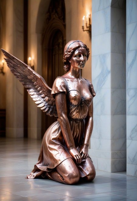 a copper statue portraying a kneeling and weeping angel, bleak, hopeless, depressing, enshrined in an alcove, marble church background
BREAK
CivChan