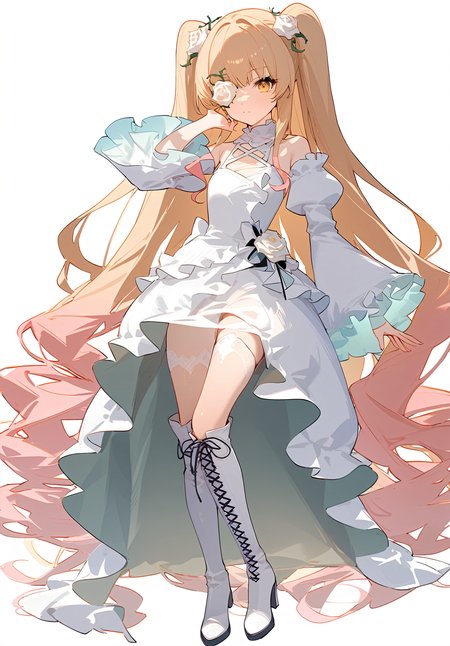 1girl, 
kirakishou,  
dress, rose, yellow eyes, blonde hair, eyepatch, very long hair, white footwear, frills, bare shoulders, high heel boots, frilled dress, two side up, pink hair, white rose, simple background, solo, white dress, flower over eye, white flower, long hair, knee boots, flower, frilled sleeves, long sleeves, thigh boots, looking at viewer, hair flower, full body, hair ornament, boots, detached sleeves, high heels, wide sleeves, 
masterpiece, newest, absurdres, safe
 <lora:a31_style_koni:1> <lora:2080ti_ag31_kirakishou-000055:1>