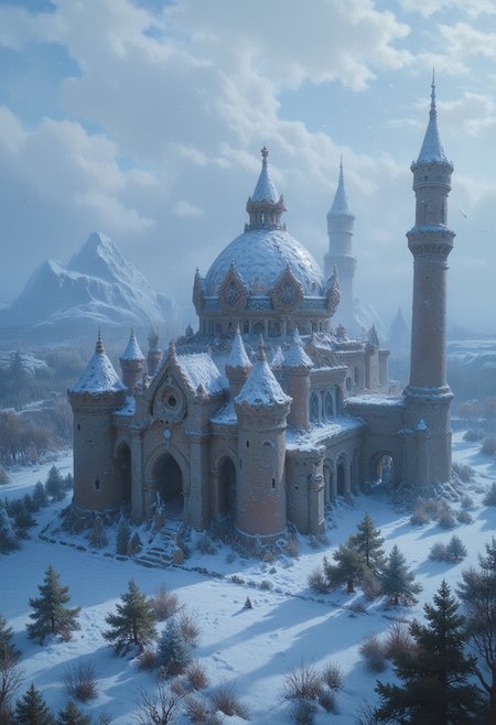 A grand city, magnificent towers, high-quality backdrop, birds eye view, a sprawling futuristic castle inspired by 1980s themes, synthpunk, vaporwave, neon, perfection style, ultra realistic, hyper realistic, photo-realistic, photo, snowing, blizzard, winter, a cold winter storm stirring the snow in the air around the sky,