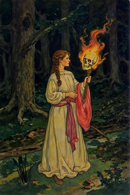 shippengreen1 illustration. 
ivanbilibin1.
A young woman with braided hair stands in a forested area surrounded by tall trees and dense undergrowth at night.  She is holding a torch in the shape of a skull.
 <lora:shippengreen1_cap_d6a3:1.0><lora:837362045675554394:0>