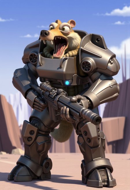 A hilarious depiction of Scrat from Ice Age with his head and bushy tail fused onto a human body clad in T-60 power armor, holding a futuristic rifle. The human body is muscular and imposing, encased in rugged, battle-worn power armor with glowing accents and signs of heavy use. In stark and comical contrast, Scrat’s small, panicked head, complete with bulging eyes and an open-mouthed scream, sits atop the armored neck, hilariously out of proportion. His fluffy, bushy tail juts out from the back of the armor, adding to the absurdity. In his oversized armored hands, he clutches a futuristic rifle, its design rugged and intimidating, though his frantic expression suggests he has no idea how to use it. The background is a desolate post-apocalyptic wasteland, but the focus is entirely on the riotously funny contrast between Scrat’s chaotic energy and the stoic power of the armor, with the rifle adding an extra layer of absurdity