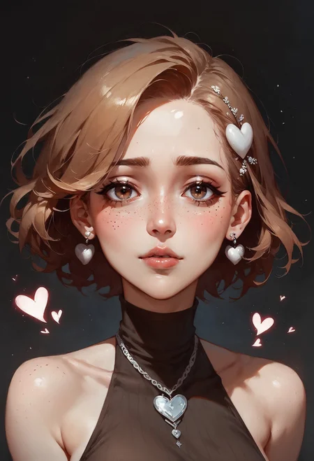 (score_9, score_8_up:1.1), score_7_up,  1girl, solo, expressive, hearts, dynamic, brown hair, short hair, brown eyes, pale skin girl, pale skin, freckles, turtleneck, bare shoulders, blush, white tulip hair ornament, looking_longingly, seductive, sexy_woman, black background  <lora:sdxl/Expressive_H-000001:0.8> <lora:sdxl/pony_twilight_style:0.8>