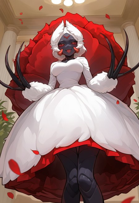 <lora:MH_LalaBarina_a1_58_NoobXL-eps:1>,<lora:EatSleep1111StyleSDXL11:0.7>,<lora:merrytailSDXLstyle:0.3>,eatsleep1111,merrytail,masterpiece,best quality,amazing quality,high quality,very aesthetic,absurdres,newest,shaded,digital media \(artwork\),depth of field,solo,animal humanoid,female,detailed background,ballroom,bloomed abdomen,claws,three-quarter view,forehead gem,3 fingers,side view,three-quarter portrait,black skin,red fake mandibles,open smile,long dress,hair ornament,action pose,petals,low-angle view,
