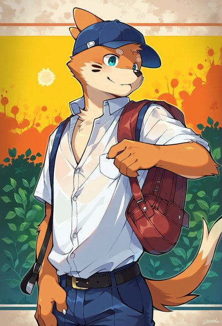 score_9, score_8_up, score_7_up, rating_safe, anthro, 1boy solo, furry, buizel, school uniform, gakuran, male school uniform,AddXL,ITMStyle, dynamic background, detailed background, outside, baseball hat, open uniform, white shirt with his favorite baseball team logo, baseball in his hand,