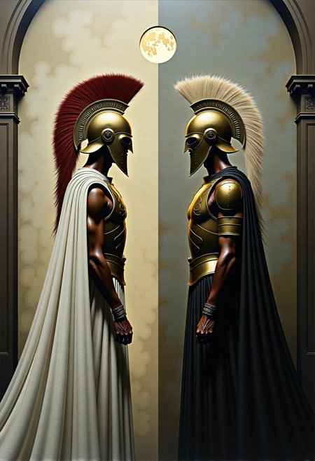 0n1r1c, Create a dramatic impasto painting with drips and painterly smudges of two majestic warriors, inspired by Achilles, the central character in Homer's Iliad, wearing futuristic, metallic full-body armor with a complex, segmented design. 

The painting is divided vertically into three sections.
The left section, only white, is dominate from Paris, his
warrior's helmet should have a striking red horsehair crest.
The background of this left section is a light white.
The middle section, only light gray, showcases a high, arched window below the upper edge of the painting, through which the moon shines.
The background of this middle section is a light gray.
The right section, only dark gray, is dominate from Achilles, his warrior's helmet should have a striking white horsehair crest.
The background of this right section is a dark gray.

Both helmets reminiscent of ancient Greek soldiers.
Both armors should have multiple plates and reinforcements, covering the entire body and combining both ancient and modern aesthetics. 

The shoulder plates and bracers of both armors should feature additional plating with gold accents. Both warriors should wear long, flowing black capes, adding a touch of royalty. Their overall appearance should exude strength, nobility, and a harmonious blend of the antique and the modern. Set the scene in a dark, grand hall with high, arched windows in the background. The painting should emphasize a combination of ancient grandeur and a futuristic, modern, and abstract style, with dramatic lighting features in a monochromatic scheme, primarily in shades of black, white, and gray.
