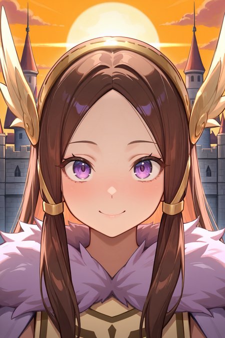 masterpiece, very aesthetic, absurdres, best quality, amazing quality, high resolution, newest, very awa, <lora:illustrious_quality_modifiers_masterpieces_v1:0.8> , <lora:ChamIllustriousBackgroundEnhancer:0.5>,  (solo),    <lora:ValkyrieYggdraIL:0.8> ,  valkdef, 1girl, purple eyes, brown hair, long hair, winged hairband, fur cloak, yellow tunic, ((face, close-up, portrait)), exterior, sun, castle, ramparts, looking at viewer, smile,