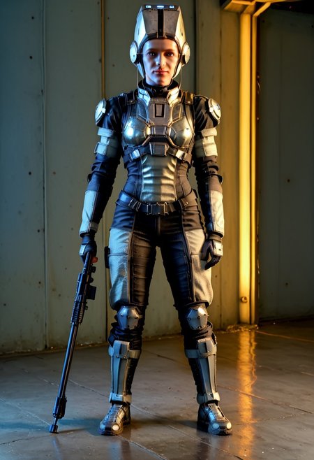 badass Corpus, corpus crewman, Tan and black corpus suit, corpus tileset,  1boy, wearing cirpus crewman outfit, wearing corpus crewman helmet, helmet covering face, face fully covered, holding gun, holding dera rifle, Dera, corpus gun, gun, dera rifle, dera gun, 
(Corpus helmet, wearing helmet, wearing corpus helmet), , (dark shot:1.17), ((epic)) realistic, faded, , art, (hdr:1.5), (muted colors:1.2), hyperdetailed, (artstation:1.5), cinematic, warm lights, dramatic light, (intricate details:1.1), complex background, (rutkowski:0.8),((full body:1.9)), by Blizzard entertainment, big armor, l, wearing corpus helmet, low light, facing camera, lot of details, detailed armor, half side portrait, on corpus tileset, (night time),