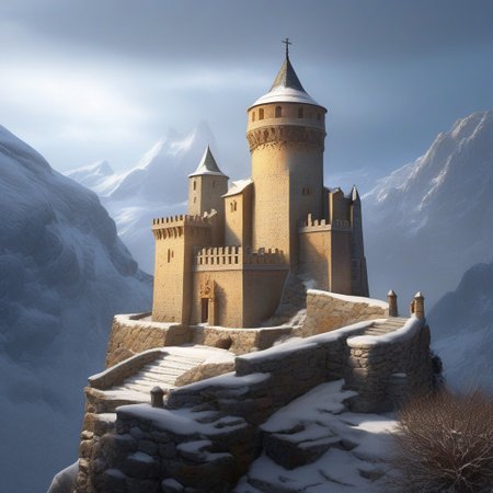a keep on a (rock spire), battlement, Machicolations, a stairway to the keep, doorway,  mountain in background, very wide shot, fantasy, atmospheric effects, snow, best quality, masterpiece, realistic, photo-realistic, amazing, finely detail, ultra-detailed, highres, extremely detailed, 8k wallpaper