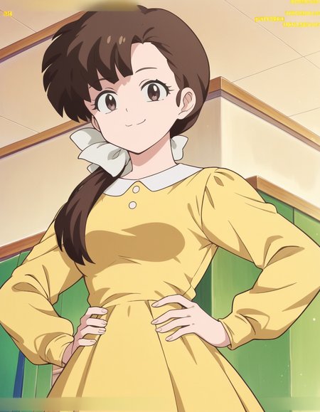 score_9, score_8_up, score_7_up, source_anime, <lora:kasumi-tendou-leak-ponyxl-lora-nochekaiser:1>, kasumi tendou, long hair, hair bow, bangs, hair over shoulders, brown hair, brown eyes, white bow,, long sleeves, dress, yellow dress,, indoors, smug, smile, looking at viewer, solo, hands on hips,, cowboy shot, dutch angle