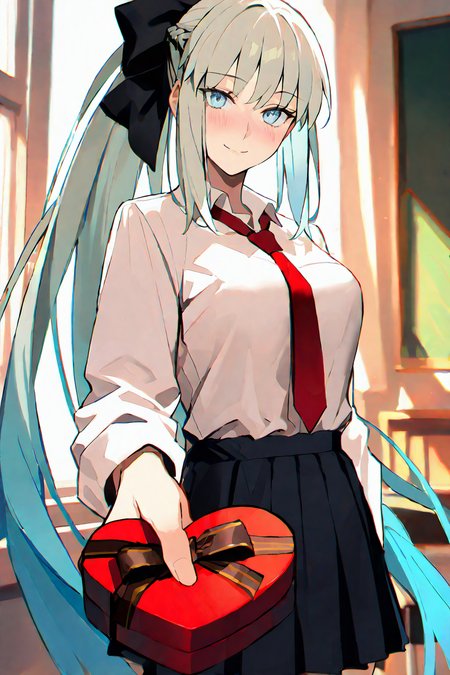 masterpiece, best quality, good quality, very aesthetic, absurdres, newest,
1girl, solo,1girl,morgan le fay\(fate grand order\),solo,smile,closed mouth, looking at viewer,blush,
eyes detail,ponytail,student uniform,short skirt,standing,heart-shaped box, holding, box, gift, valentine, incoming gift,
classroom,Cinematic Lighting,cowboy shot,detailed background,
<lora:96YOTTEA-WAI:0.4> <lora:ponyv4_noob1_2_adamW:0.6> <lora:illustrious_noobai_epsilon_pred_1_masterpieces_v1:0.6> <lora:HandFixer_pdxl_Incrs_v1:1>  <lora:DetailedEyes_V3:1>