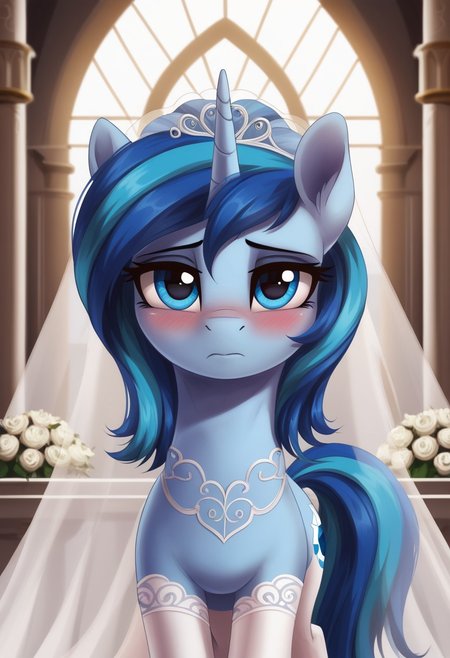 score_9, score_8_up, score_7_up, score_6_up, score_5_up, score_4_up, g4, solo, pony, feral pony, unicorn, azure mane, blue skin, blue eyes, wedding dress, wedding, palace, shy, sad, blushing, look at you, cute, glare, high res,