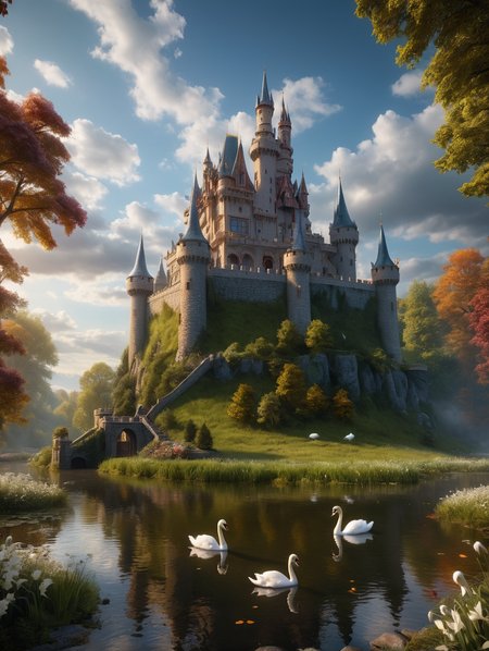 Hyperrealistic art oil painting , A magnificent castle high up on a wooded hill, 34K uhd, masterpiece, high detail, 8k, intricate, detailed, high resolution, high res, high quality, <lora:add-detail-xl:1.8>, highly detailed, Extremely high-resolution details, fine texture, 