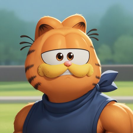 score_7_up, BREAK,  no humans, Garfield, solo, brown eyes, orange fur, cat ears,   <lora:Garfield_XL_Leaf1v2:1>, muscular, blurry background,