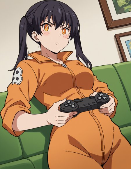 score_9, score_8_up, score_7_up, source_anime, <lora:tamaki-kotatsu-s1s2-ponyxl-lora-nochekaiser:1>, tamaki kotatsu, long hair, bangs, black hair, twintails, medium breasts, yellow eyes, orange eyes,, jumpsuit, orange jumpsuit, living room, video game, controller, competitive, fun, afternoon, , hands on stomach, blush,, looking at viewer, solo,, dutch angle, cowboy shot