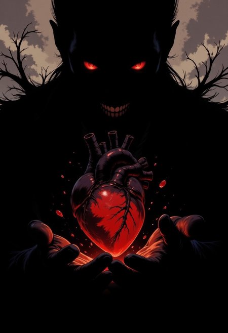 DGC style digital illustration, Magic style,
Close-up. a black correspondence silhouette with red eyes created from ink in an abstract semi-darkness. He holds out his hand, which contains a living, bleeding heart. He squeezes it slightly, digging his claws into it. It is veined . The emphasis of the image is placed on the heart.