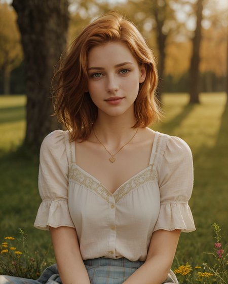 (style of Alessio Albi:1.4), Realist Portraiture, Soft Lighting, Emotional Depth, Simple Compositions, (Layered Depth, Soft focus foreground, Painted Scenery:1.1), alluring feminine physique, 24yo B34U71FU1_CA3LIA attractive irish redhead, wide cinematic establishing shot seductive young woman picnic under tree, (Layered Depth, Soft focus foreground, Painted Scenery:1.1), (bra, young adult irish redhead:1.15), short backlit hair, perfect face, thin upper lip, pouting lower lip, thin brows, small upturned nose, bow-shaped lips, large expressive almond shaped eyes, Raised Eyebrows, Focused Gaze, eager expression, BREAK quaint farm setting, (relaxed country woman), (tight unbuttoned shirt, thin material), subsurface scattering, classic cotton, soft pastel, intricate embroidery collar cuffs, rolled-up sleeves revealing sun-kissed forearms BREAK (blanket:1.15), rich textures, patchwork design, vibrant colors, detailed stitching, homely aesthetic (skirt), elegant rustic charm, subtle floral pattern, linen, sways breeze BREAK ((wildflower wreath)), crown delicate chain necklace, small, intricate pendant, heart-shaped with floral theme, glowing subtly in the soft light, ethereal quality, [lens flare glinting], (mischievous yet content expression), lush green fields in the background, (soft, sunlit ambiance), simple leather boots, carefree hair  <lora:kodak_ultramax_400:0.8> golden hour, soft golden light, pastel sky, relaxed posture, natural smile, earthy colors, candid moment, urban park, trees and flowers in background, leading lines, depth of field, slightly off-center framing, warm tones, cinematic look, natural setting, editorial style, soft textures, subtle lighting, peaceful mood