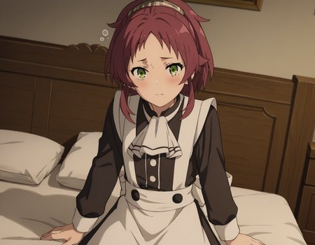score_9, score_8_up, score_7_up, source_anime,
aishagreyrat, <lora:aisha-greyrat-s2-ponyxl-lora-nochekaiser:1>,
aisha greyrat, green eyes, ponytail, red hair,
long sleeves, apron, maid, ascot, white apron, white ascot,
indoors, bed, bed room, on side, blush, drunk,
solo, dutch angle, looking at viewer, cowboy shot,