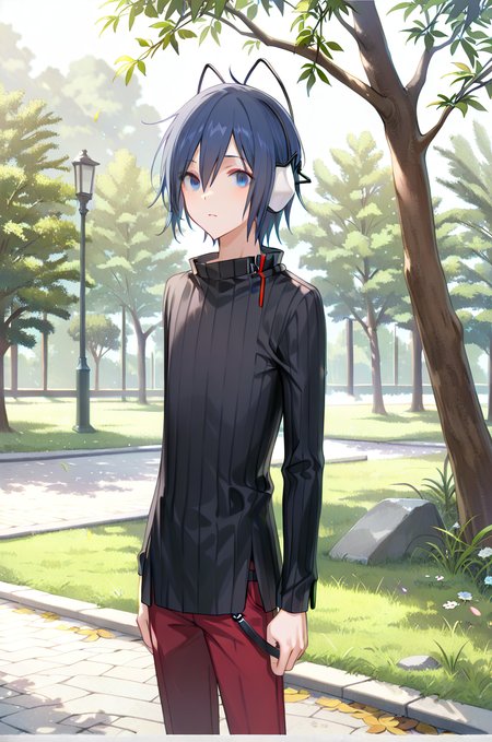 artist:gomzi,artist:wanke,artist:diyokama, rei_(sanbonzakura),[[artist:fuzichoco]],year 2023, 
park, solo, 1boy, male focus,
protagonist \(devil survivor\), blue hair, blue eyes, cat ear headphones, short hair,
black sweater, pinstripe sweater,
red pants, <lora:ds_majorcharacters.ilxl:0.8>
