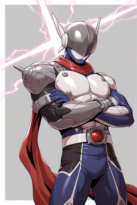 very awe,aesthetically pleasing,masterpiece,best quality,amazing quality,very aesthetic,ultra-detailed,high resolution,8k,1boy,solo,cowboy shot,bara,male focus,detailed face,tokusatsu,helmet,red scarf,armor,belt,gloves,bodysuit,standing,crossed arms,looking at viewer,mechanical parts,electricity background,<lora:add-detail-xl:1>,<lora:Justimon:0.8>,justim0n,