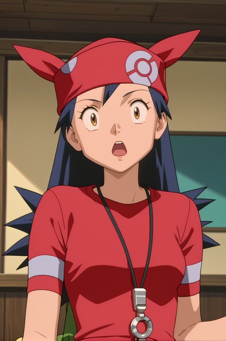 score_9, score_8_up, score_7_up, 1girl, solo, source_anime, anime_screencap, pkmLisa, red bandana, red shirt, brown eyes, <lora:pkmLisa:1> surprised, shocked,