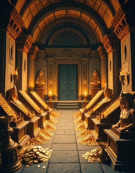 A hidden treasure chamber deep within an ancient temple, illuminated by the warm golden glow of torches and mystical blue light from enchanted crystals. The room is filled with piles of gold coins, jewel-encrusted goblets, and ancient artifacts covered in dust. Massive stone statues of forgotten deities guard the chamber, their eyes glowing faintly as if watching intruders. In the center, a grand pedestal holds a legendary artifactâan ornate golden crown encrusted with emeralds and sapphires, shimmering with an otherworldly aura. The walls are adorned with intricate carvings depicting lost civilizations, and creeping vines hint at centuries of abandonment. The atmosphere is mystical and slightly eerie, with a sense of both wonder and danger. The air is thick with the scent of aged parchment and burning incense, adding to the chamberâs ancient and mysterious feel. Cinematic lighting with dramatic shadows enhances the depth and richness of the scene, creating a visually stunning and immersive environment.
<lora:SDXLFaeTastic2400:0.4> <lora:extremely_detailed:0.4> extremely detailed,treasure ch4mb3r, <lora:treasure_ch4mb3r-i:1>, Masterpiece,best quality,hi res,8k,hi res,8k,award winning,(sharp focus, intricate, highly detailed),