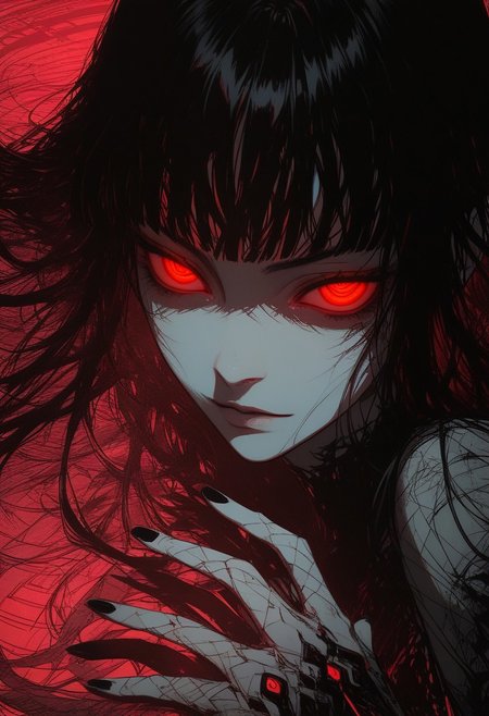 score_9, score_8_up, score_7_up, illustration, 1girl, solo, surreal, red hypnotic eyes, long dark hair, bangs, black nails, lying down, red and black swirls, psychedelic background, vibrant colors, neon lighting, close-up, intense gaze, digital art, fantasy, glowing eyes, artistic, dreamy atmosphere