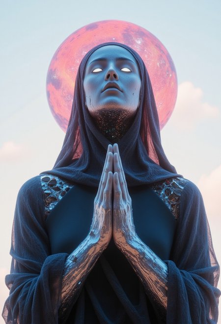 A desolate robotic nun, a fallen relic of faith in a dystopian world, kneels in solemn prayer. Her form is a haunting fusion of divinity and decay—her once-elegant habit, now tattered, clings to her voluptuous frame, its fabric interwoven with frayed circuitry and shattered plating. Glowing fragments of electric blue and crimson pulse weakly beneath her broken exoskeleton, flickering like the last embers of a dying soul. Her face, a delicate yet fractured mask of synthetic porcelain, bears the scars of time, with one eye barely functional, emitting a soft, melancholic glow.
She gazes upwards in silent yearning, her lips slightly parted as if whispering a final prayer to a god who no longer listens. The void above her is infinite—an endless expanse of swirling galaxies, neon storms, and cosmic remnants bleeding into the fractured dystopian skyline. Translucent hues of pink, blue, and green illuminate the scene with a ghostly radiance, casting eerie reflections upon her metallic skin. The air crackles with the remnants of forgotten transmissions, faint glyphs of an ancient faith flickering across her corroded circuits.
Dystopian atmospheric lighting engulfs the scene, shadows stretching unnaturally, wrapping her in an ethereal, almost supernatural presence. The perspective is slightly below, emphasizing her solemn, overwhelming presence—a forgotten saint of machinery and sorrow, kneeling in reverence to the void.