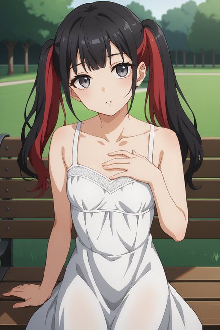 score_9, score_8_up, score_7_up, source_anime, 1girl, prefect lighting, very aesthetic, intricate details, highly detailed background, masterpiece, high quality, prefect hands, best quality, solo,
<lora:Nowa_Dress_up_Darling_V1:.85>, KJOnowa, black hair, multicolored hair, grey eyes, bangs, twintails, 
sundress, bare shoulders, 
sitting on bench, looking at viewer, expressionless, parted lips, looking at viewer, hand on chest, head tilt,
park, grass, trees, daytime,
(Beautiful, small Breasts:1.2), natural breasts,