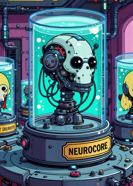 <lora:ck-nc-pastel-cyberpunk:1.1>, A digital artwork in the style of cknc, image of Cyborg as a 'living head in a jar,' inspired by the Futurama series. The head should be in a clear jar filled with a bright blue liquid, with exaggerated tubes and wires connected to it, adding a humorous and whimsical touch. The jar should sit on a metallic stand with a bold, simple nameplate on the front that reads 'NEUROCORE.' The background should be a colorful, futuristic lab with other similar cartoon jars, maintaining a playful and light-hearted tone.
 anime style, key visual, vibrant, studio anime, highly detailed
 <lora:Living_Head_In_A_Jar_Flux:0.8>
