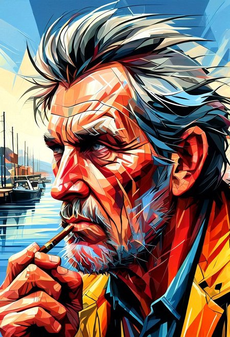an old fisherman with a weathered face smoking a pipe on the quayside painting, extreme close up, portrait,