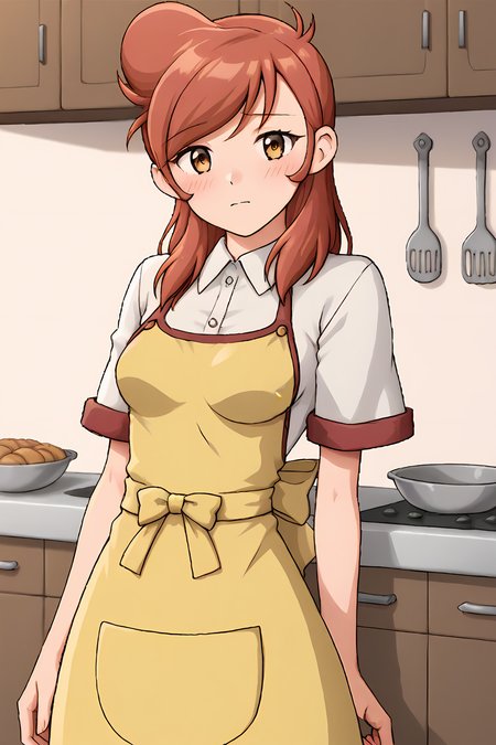 (yellow apron:1.50), cra-melissa, red hair, brown eyes, long hair, big hair, swept bang, 
medium breasts, 1girl, solo, skinny, (source_anime, score_9, score_8_up, score_8, score_7_up), score_7, score_6_up, score_6, score_5_up, score_5, 
(blush:1.10),
(kitchen:1.30),
(straight-on:1.20), (:1.10),
<lora:cra-melissa-V02-000004:0.80>