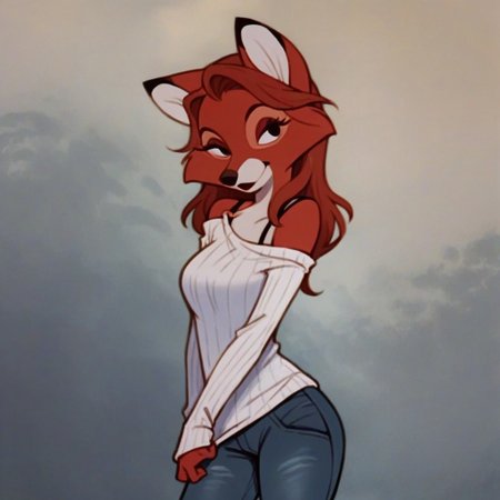 digital_media_(artwork) hi_res, score_9, score_8_up, score_7_up, score_6_up, score_5_up, score_4_up,  anthro, 1girl, feminine, female, female focus, solo, medium breasts, coy smile, leaning towards viewer, detailed sexy eyes, heavy eyeliner, detailed sexy hair, pretty face, exposed shoulders, shoulder strap undershirt, sweater, denim pants, Vixey, red fur, vixen, long red hair,