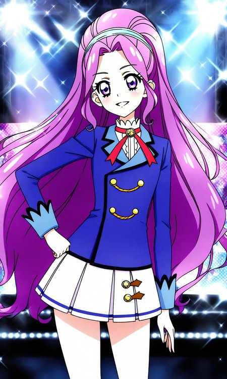 general,highres, ultra-detailed,very aesthetic,best quality ,best hands, BREAK <lora:Kanzaki_Mizuki_aikatsu!_IS:1>
kanzaki_mizuki(aikatsu!), 1girl, solo, purple hair, purple eyes, long hair, ponytail, high ponytail, hairband, very long hair,
starlight academy school uniform,
smile, happy,parted lips,
sparkle, hand on hip, stage,