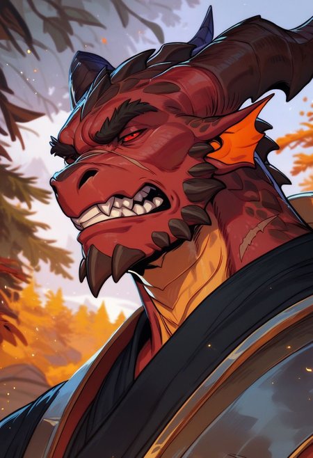 score_9, score_8_up, score_8, score_7_up, score_7, score_6_up, score_6, score_5_up, Score_5, muscular dragonborn, dragon face,  dragon maw, half dragon, bright golden scales, silver tipped horns, several horns, scars, red eyes, (samurai armor:1.3), fierce look, angry expression, black robes, brawny, vox machine style, 1boy, male focus, solo, portrait, fantasy, forest background, (dynamic lighting:1.1)
((masterpiece))