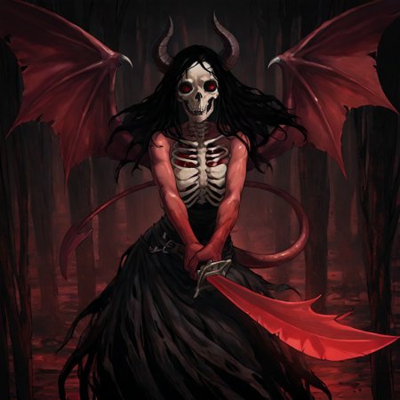 masterpiece, best quality, newest, absurdres, highres, 
INCSV1.0, incoming attack, holding sword, sword, holding weapon, holding, weapon,
1girl, red skin, red colored skin, demon girl, succubus, demon horns, horns, demon wings, demon tail, wings, horror (theme), monster girl, skull, skull mask, bones, skeleton, veil, veiled face, mask,