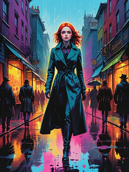 impactful color paint of  illustration, lady walking in busy crowdy street, classic long coat, by Alexander Jansson, High Contrast, lumen reflections, raining, with puddles, face to the camera, looking to the viewer, Ink,  <lora:Bold_Pop:0.7>  highly detailed, vibrant colors , 8k, sharp, professional, clear, high contrast, high saturated, , vivid deep blacks, crystal clear