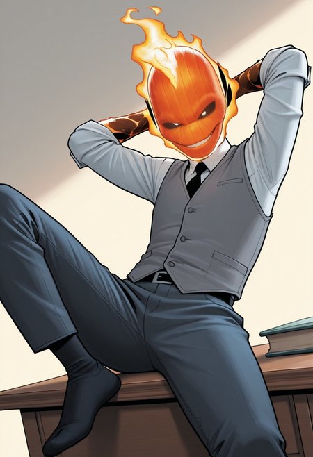 masterpiece, absurdres, high quality, perfect anatomy, 1boy, solo, cute boy, male focus, doyle, Orange Fire, Black Scelera, colored scelera, white shirt, grey vest, belt, sleeves rolled up, smug smile, sitting in desk, hands behind head, leaning back, feet on desk, cinematic, intricately detailed illustration, depth of field, masterpiece, best quality, amazing quality, very aesthetic, absurdres, newest, very awa,  shadow, dynamic angle, casual cosplay, dynamic pose, simple background,