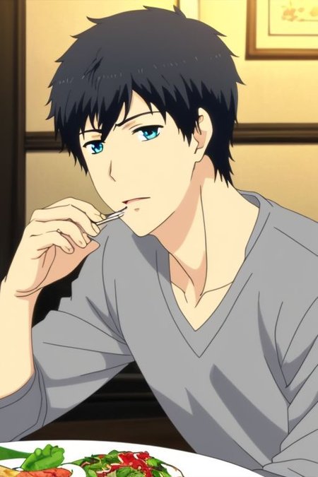 high resolution, solo, best quality, 1Boy, Arata Kaizaki, Portrait, Black Hair, Blue Eyes, dating, romantic, dinner, OverallDetail