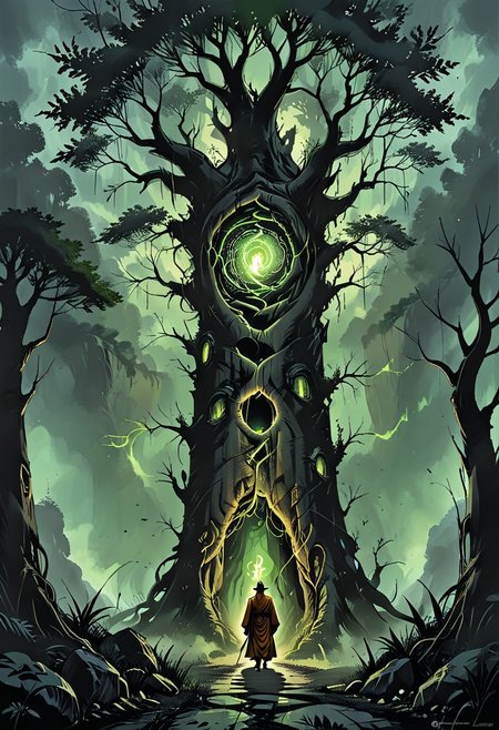 <lora:Portals and Gateways:1>, <lora:Nature Magic - Grimoire:1>, ((magic portal)), glow gateways, big tree, gigantic glow portal, Nature Magic, naturemagic, fantasy, magical energy, 
green tree crown, lush tree crown,
a giant tree with spreading branches in the hollow of which there is a luminous portal where monks walking the line enter,(line of ghosts monks), ((ghosts of Buddhist monks walk in  line into the tree)),
line ants on a dark background, smoke, many ants,
 graphic style of novel comics, perfect hands, 2d, 8k, hyperrealism, masterpiece, high resolution, best quality, ultra-detailed, super realistic, Hyperrealistic art, high-quality, ultra high res, highest detailed, lot of details, Extremely high-resolution details, incredibly lifelike, colourful, soft cinematic light,