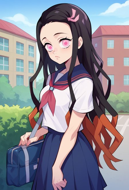 score_9, score_8_up, score_7_up,score_6_up BREAK ict style,kamado nezuko, 1girl, black hair, pink eyes,magenta pupils, pink hair ribbon, two-tone hair, school uniform, blue sailor colar,white shirt, red neckerchief, blue skirt,short sleeves,looking at viewer,outdoors,school,building,school bag,shoulder bag,(from side:0.8)  <lora:BootyFarmPony:1> <lora:NezukoPony_v2:1>